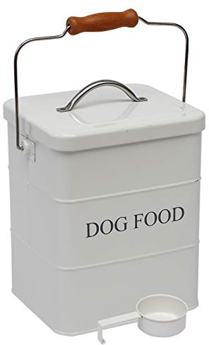 Geyecete- Cajas Almacenamiento de Alimentos y golosinas para Animales, con Mango de Madera y herméticas Tapa, Acero Carbono Revestido Contenedor de Comida para Perros -Capacidad 3kgs-Blanco