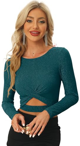 Allegra K Damen Crop Top Festival Outfit Glitzer Langarm Rundhals Crop Top Bauchfreies Shirt | Glänzend, glitzernd, Torso geschnitten, leicht dehnbar, ideal für Club, Konzert, Cosplay
