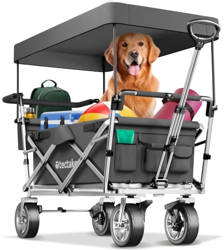 tectake® Carro Plegable para Jardín, Carro Transporte con Techo Desmontable, Carrito Playa con Asa Telescópica, Carretilla Jardín con Bolsa Trasera, Carro Camping Multiuso, Capacidad 80 kg - gris
