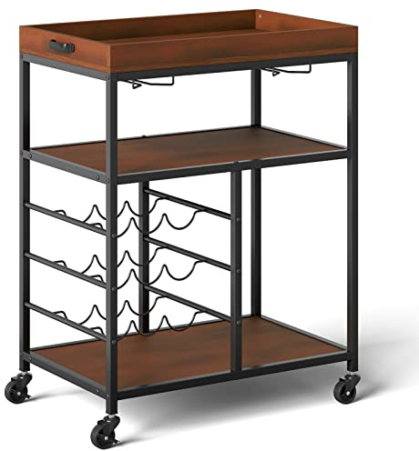 TANGZON 3-Tier Kitchen Serving Trolley, Rolling Bar Cart with Wine Rack, Glass Holders & Wheels, Metal Frame Drinks Trolley for Dining Room Restaurant (3-Tier Wine Rack & Shelf, 71x45x93cm)
