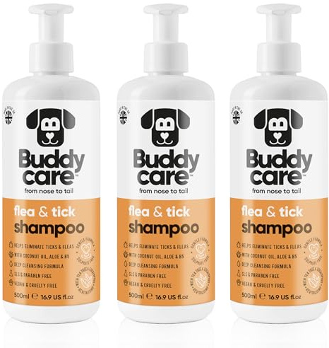 Floh- & Zeckenhundeshampoo von Buddycare - Beseitigt Flöhe, Zecken & Milben - Tiefenreinigungsshampoo für Hunde, Flohshampoo mit Teebaumöl & Eukalyptus für Hunde (500ml x3)