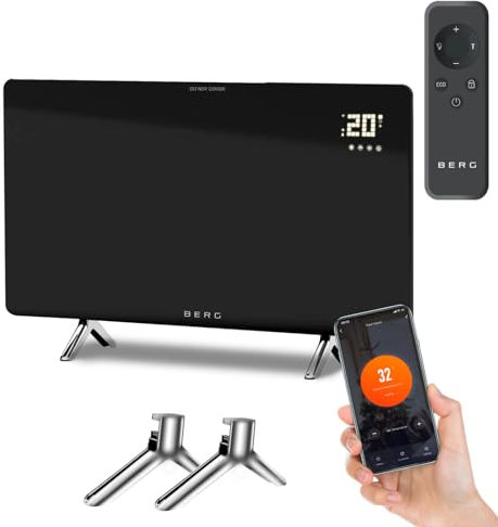BERG Ultra-Slim Glass Infrared Panel Heater – Smart Electric Heater with Wi-Fi & Remote Control, 12mm Frameless Design, Wall Mounted or Free-Standing, Energy Efficient Room Heating (Black, 600W)