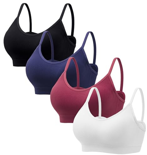HBselect 4 Pack Non Wired Bras for Women V Neck Wireless Bralettes Seamless T-Shirt Bras with Removable Pads Wirefree Bras for Ladies Girls Black/White/Dark Blue/Wine Red