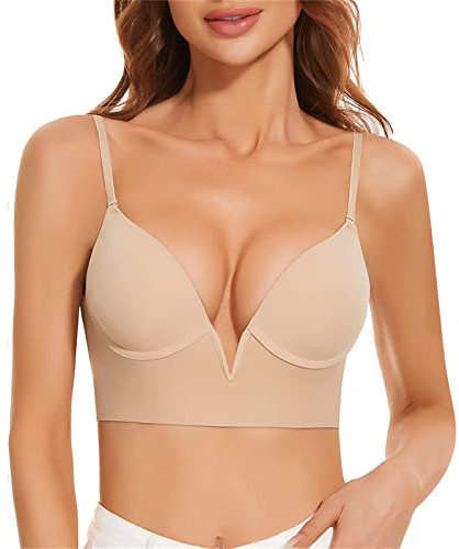Low Back Bras for Women Backless Bra Push Up Deep V Neck Plunge Multiway Strap Convertible Wire Lifting Beige