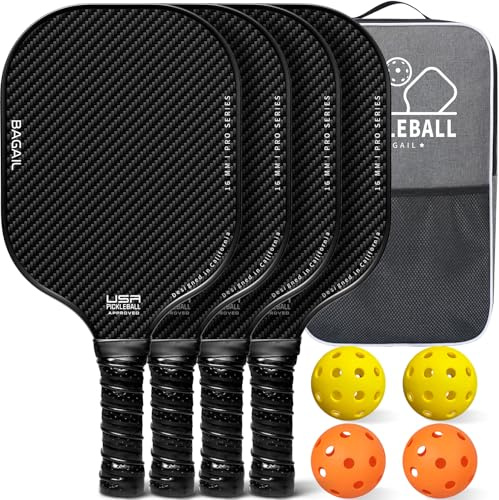 BAGAIL Set di racchette da pickleball, racchette con 4 palline, leggere - Elevato assorbimento degli urti - Ergonomiche, adatte per partite indoor e outdoor, Nero