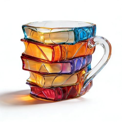 Chapter Book Mug—11oz, 3D Handcrafted Painted Stacked Books Glass Coffee Mug, Novelty Colorful Cup Gift for Readers and Book Lovers