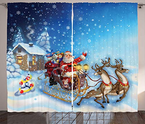ABAKUHAUS Weihnachten Rustikaler Vorhang, Sankt im Pferdeschlitten Spielzeug, Wohnzimmer Universalband Gardinen mit Schlaufen und Haken, 280 x 175 cm, Nachtblau Rot