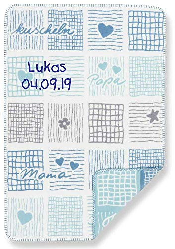Babydecke mit Namen Datum bestickt Decke 75x100 cm Mama Papa kuscheln Herz blau Geschenk zur Taufe zur Geburt Kinderdecke Kuscheldecke
