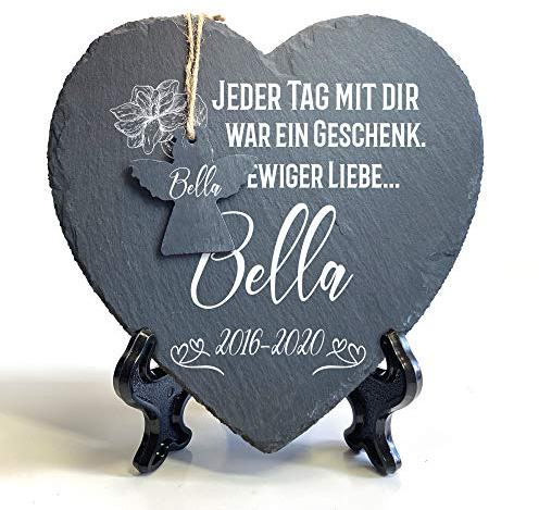 TULLUN Individueller Personalisiert Groß Herzform und Engel Tiergrabstein Schiefer Gedenkstein + Ständer für Hund, Katze und andere Haustiere Tiere - Größe | 25 x 25 cm | - Blume