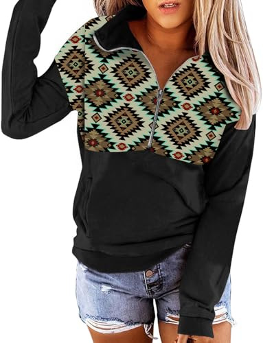 LEMAFER Women's 2024 Casual Aztec Geometric Zipper Collar Pullover Sweatshirt Western Blouse