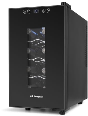 Orbegozo VT 830 Vinoteca de 8 Botellas Volumen 23 Litros Panel Táctil Pantalla Digital Termostato Regulable 11-18°C Luz LED Interior Silenciosa Estantes Cromados 70W