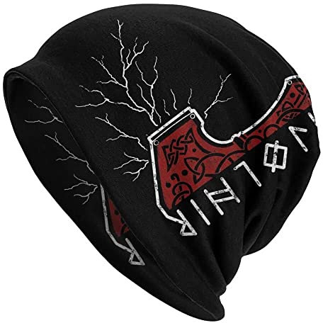 Wikinger Bedruckte Thors Hammer Beanie Mütze - Männer Frauen Verstellbare Doppelschicht Skullies Dünne Haubenkappen - Nordischer Pirat Mittelalterliche Hip Hop Mode Lässige Kopftücher