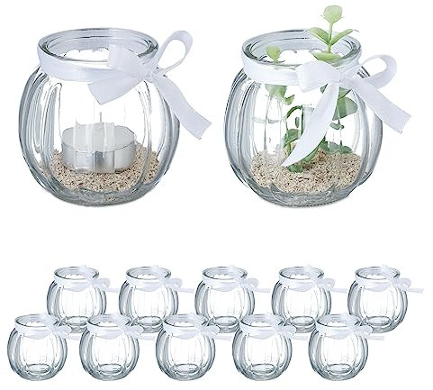 Relaxdays Candle Holders, Set of 12, Glass, Jar with Bow, Tealight Table Decor, 7.5 x 7.5 cm, Indoors & Outdoors, Clear