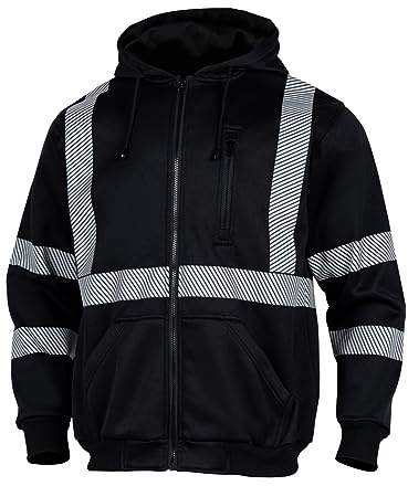 VENDACE High Visibility ANSI Class 1 Reflective Safety Fleece Sweatshirt Hoodie for Men Hi Vis Hoodies Zipper Jacket(Black,L)