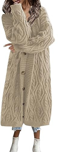 Chaqueta de punto gruesa con botones de manga larga para mujer, cárdigan casual, exterior cálido y abrigado, caqui, M