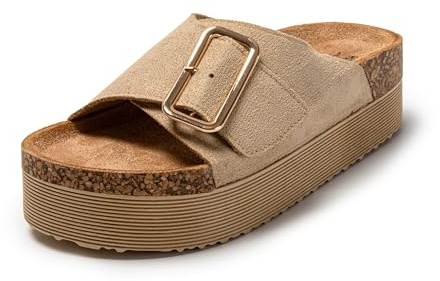 JOMIX Ciabatte Donna Estivi Fascia con Fibbia Sandali Ragazze Mare Pantofole Eleganti da Spiaggia Suola in Sughero Sintetico SD9168 (Beige,36)