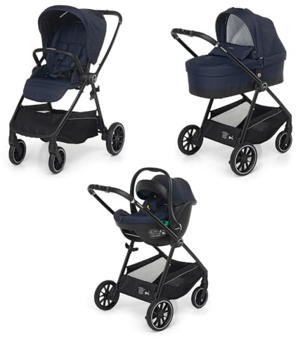 Foppapedretti Trio Divo I-Size, Sistema Modulare Combinato per Bambini, Navicella Passeggino e Seggiolino auto I-Size, Chiusura Self Standing, conforme ECE R129, Maneggevole Compatto Leggero, Marine