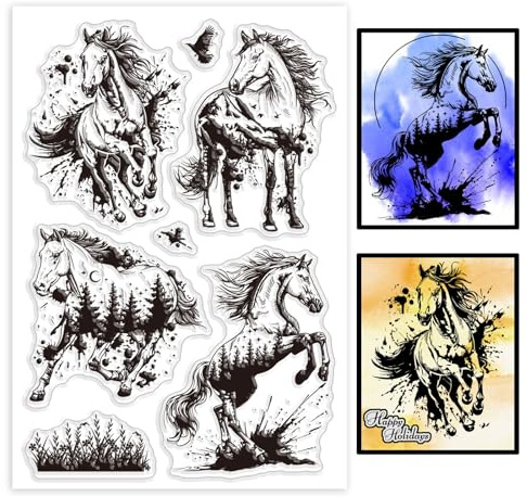 GLOBLELAND Transparenter Stempel Mit Pferden Landschafts Silikon Siegel Tier Stempel Für DIY Scrapbooking Karten Erstellen von Fotoalben Tagebüchern Heimdekoration