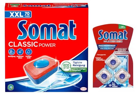 SOMAT Tabs 70 AW Classic Power, Geschirrspül Tabs mit Fettlösekraft für kraftvolle Reinigung, für strahlend sauberes Geschirr + Somat Duo Power Experten 3 AW Maschinenreiniger 57g