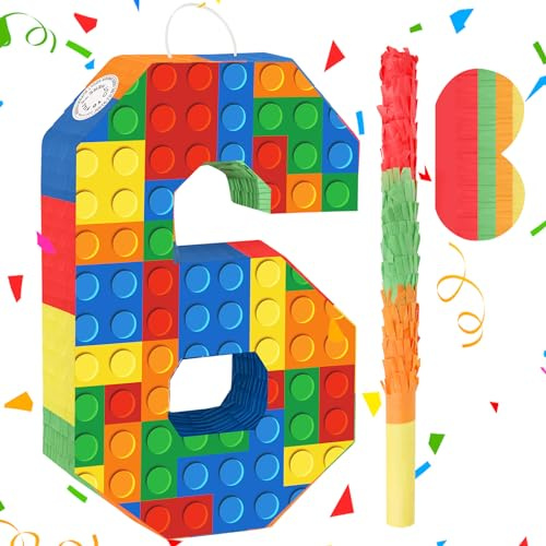 Building Blocks 6th Birthday Party Decorations Number 6 Pinata with Pinata Stick & Blindfold for Kids Girls Boys Happy Birthday Building Block Theme Party Supplies Carnival Games