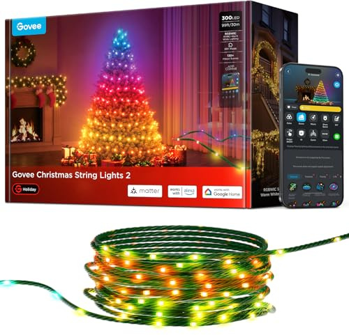 Govee RGBWIC Christmas Lights, 300 LEDs Weilnachtsbeleuchtung Außen, 30M Smarte Lichterkette Innen für Weihnachtsdeko, 130+ Szenen-Modi, Shape Mapping, Kompatibel mit Alexa, Grünes Kabel