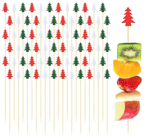 Bekecidi Lot de 100 pics à cocktail en bambou pour sapin de Noël, pics à fruits fantaisie, cure-dents en bois pour boissons, canapés, apéritifs, nourriture de Noël, fournitures de fête