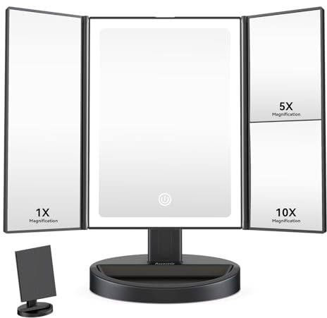 Auxmir Vanity Makeup Mirror with 68 LED Lights, 10X/5X/1X Rechargeable Magnifying Mirror, Touch Screen Stepless Dimmable Color Adjustable Trifold Mirrors, 180° Rotation Portable Cosmetic Mirrors