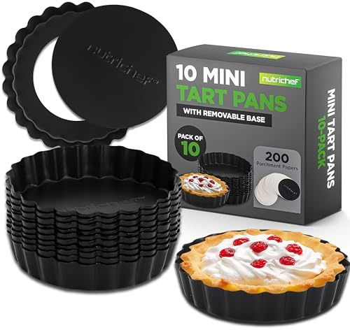 Nutrichef moldes tarta desmontables, Juego de 10 piezas de repostería mini, Antiadherentes, 10 cm, Quiche y bizcochos, Acero resistente, Aptos para lavavajillas, Incluye 200 hojas de papel pergamino