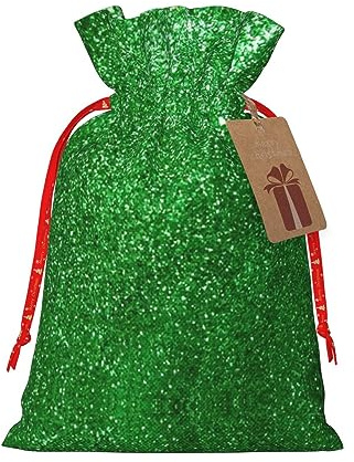 HJLUUFT Grüne Pailletten-Geschenktüte mit glitzerndem Druck, Weihnachtsgeschenktasche mit Kordelzug und Geschenkanhänger, für Hochzeit, Weihnachten, Party