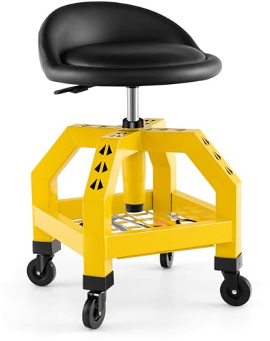 GOPLUS Tabouret d'Atelier à 4 roulettes, Tabouret Servant avec Hauteur Réglable 67-80cm & Plateau à Outils, Charge 150KG, Siège Pivotant pour Garage, Atelier (Jaune)