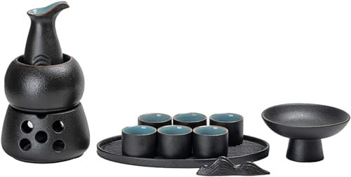 Set per sakè con scaldavivande, set tradizionale per sakè caldo in ceramica da 12 pezzi, tra cui 1 fornello a candela, 1 tazza riscaldante, 1 pentola per sakè, 6 tazze per sakè, 1 vassoio, 1 pogg