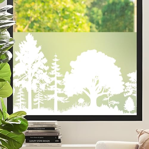 DKTIE Fensterfolie Blickdicht Sichtschutzfolie Fenster Milchglasfolie Waldmuster Statisch Haftend Anti-UV Kein Kleber Wiederverwendbar Geeignet für Wohnzimmer, Schlafzimmer (02, 44,5 x 200 cm)