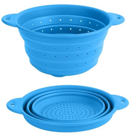 Jackanna Escurridor redondo plegable con asa, cesta de cocina de silicona orgánica, perfecta para escurrir verduras y frutas (azul grande)