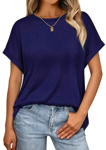 Cuptacc Chemise Femme Manche Courte Tee Shirt Été Col Rond Ample Haut Femme Décontracté Bleu foncé 3XL Oversize