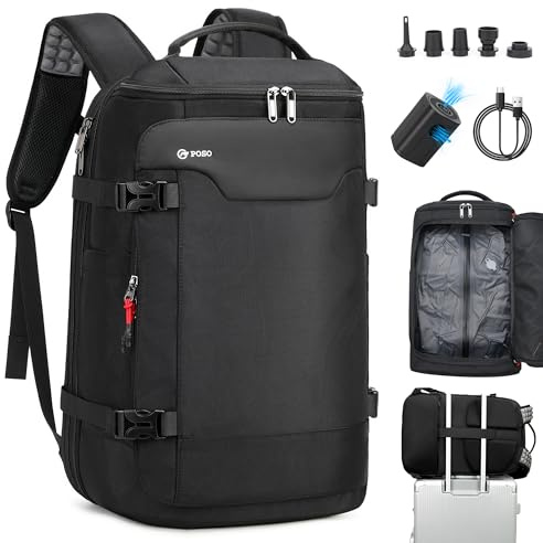 ibeacos Vakuum rucksack, 60L Erweiterbar Handgepäck Rucksack, Reiserucksack Handgepäck Flugzeug, 17 Zoll Laptop Rucksack, Wasserabweisend Kabinenrucksack für Reise, Schwarz