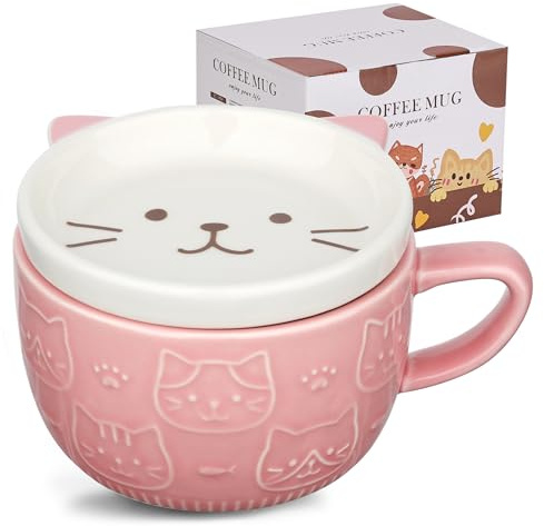 Beyinli Linda taza de café de gato de cerámica con tapa,Taza de café o taza de té para los amantes de los gatos,Divertida novedad gato desayuno tazas para mujeres amigos niños Navidad cumpleaños