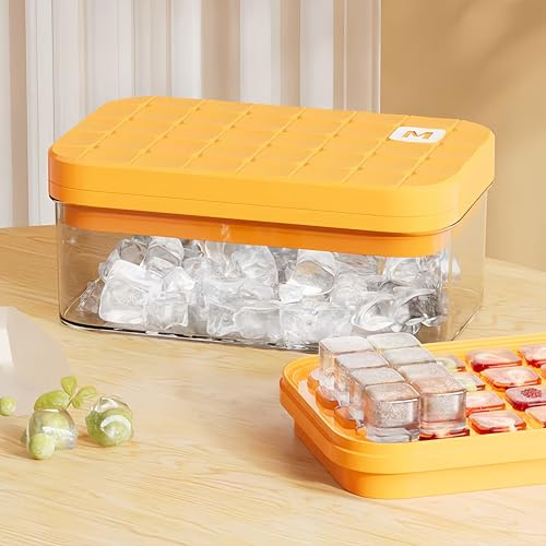 Ice Cube Tray, Ice Cube Mould with Lid and Bin, Reusable 56 Food-Grade Moulds, BPA-Free (Orange)