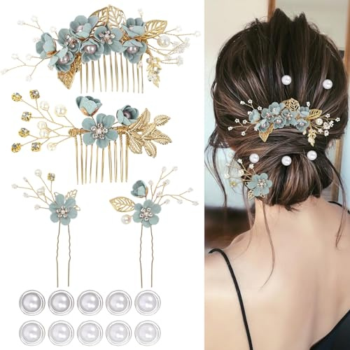 Lot de 4 accessoires pour cheveux de mariage, épingles à cheveux élégantes en forme de fleur, 10 épingles à cheveux en spirale avec perles pour mariées, demoiselles d'honneur, femmes et filles(Vert)