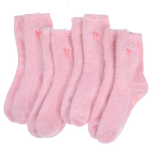 Abeillo Lot de 4 paires de chaussettes douillettes pour femme - Chaussettes d'hiver douces et moelleuses - Polaire corail - Chaussettes chaudes - Nœud mignon - Chaussettes confortables pour l'hiver, a