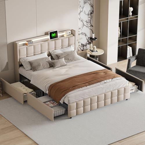 WSOFZMO Doppel Bett 160x200 mit Lattenrost, Doppelbett Polsterbett 160x200 mit Stauraum, Boxspringbett, Jugendbett, Betten mit 4 Schubladen, LED und USB, Leinen, ohne Matratze