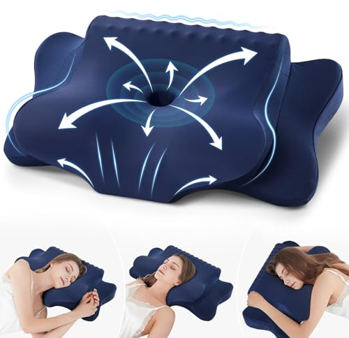 FAIORD Snore Relief Pillows Memory Foam Pillow, Ergonomic Pillow Suitable for Back, Stomach and Side Sleepers, Cervical Pillow with Washable Cover, Neck Support Pillow 64x39x10/13 cm, Dark Blue