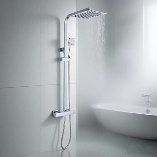 Colonna Doccia Con Miscelatore Termostatico,Set Doccia con Soffione in Acciaio INOX e Doccetta a Man, Asta Saliscendi Doccia Regolabile, Antibruciore (Argento (quadrato))