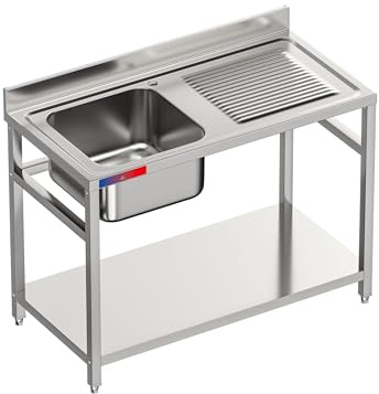 GASFRIT Fregadero Industrial con Balda Acero Inoxidable | 1 Seno con Escurridor | 1200x600x850mm | Barra de Refuerzo, Peto Sanitario y Patas Regulables, Ideal Hostelería, Bares y Cocinas Profesionales