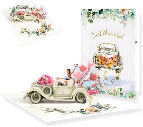 pop up karte hochzeit,hochzeitskarte 3d,3D-Hochzeitskarte Mit Pop-up Auto & 'Just Married' - Romantische Grußkarte Für Hochzeit, Jubiläum & Valentinstag (20x15 Cm) - Ideal Für Geldgeschenke
