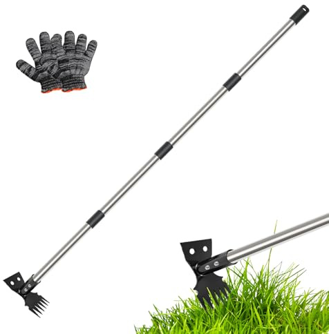 SWTHM Outil d'arrache-mauvaises herbes avec long manche, râteau manuel 2 en 1 et binette de jardin de 150 cm, 4 sections détachables et robustes avec gants pour terrasse, jardin, cour, pelouse