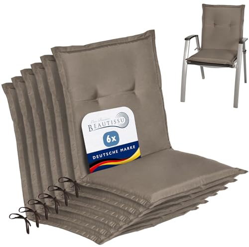 Beautissu 6er Set Niedriglehner Auflage Gartenstuhl mit Schaumkern Füllung | 100x50x6cm Taupe Sitzkissen Niederlehner Rückenkissen niedrig Stuhlkissen Kissen Gartenstuhlauflagen Sitzauflage Loft NL