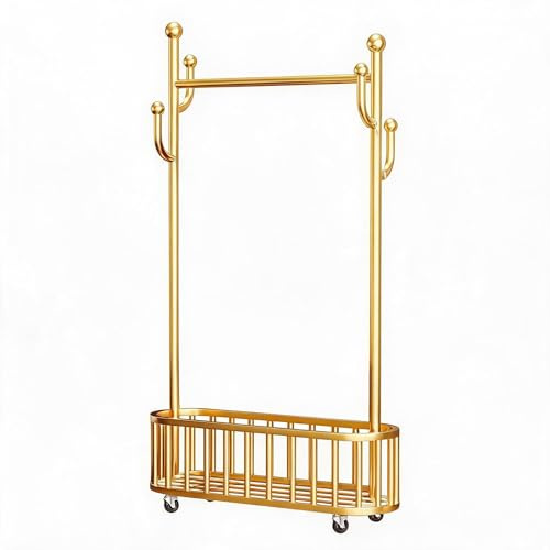 Schwerlast Kleiderständer Mit Rollen Aus Eisen, Freistehender Garderobenständer Mit Korb Und Ablage, Stabiler Kleiderbügel 80 cm Breit, Weiß Für Schlafzimmer, Flur, Wohnzimmer, Waschküche, Gold