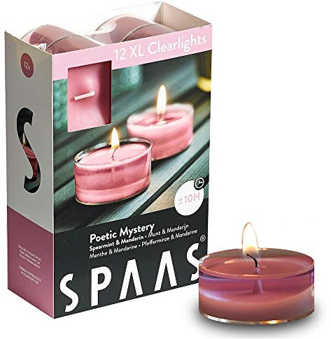 Spaas 12 Maxi Duftenden Clearlights, Teelichter mit durchsichtigem Halter, ± 10 Stunden - Poetic Mystery