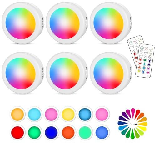 Cadrim Luci RGB per Armadio Con 2 Telecomandi, Illuminazione LED 13 Colori, Dimmerabili, Alimentate a Batteria (Bianco, 6 Pezzi)