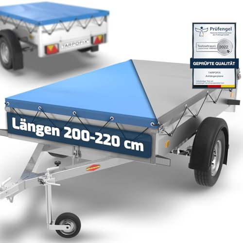 Tarpofix® Anhänger Plane 210 x 115 cm inkl. Planenseil | Anhängerplane Flachplane aus PVC PLANENMATERIAL | Verstärkte Böckmann Anhänger Plane für 750kg PKW Hänger | Abdeckplane Anhänger Abdeckung Blau